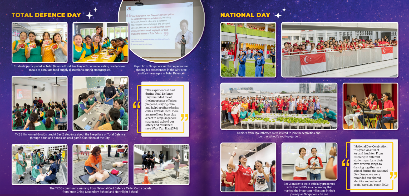 Collage of TKGS students and community partners marking Total Defence Day and National Day through resilience activities, emergency preparedness, performances, celebrations and community engagement.